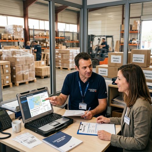 Un homme et une femme qui discutent logistique dans un bureau en verre, situé au sein même d'un hangar avec plein de palettes et de colis.